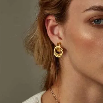 ASCOMY Earrings for Women Chunky Gold Earrings 14K Gold Plated Geometric Drop Dangle Earring Knot Stud Long Twisted Link Earring Multiple Styles Fashion Earring Jewelry Gift for Women