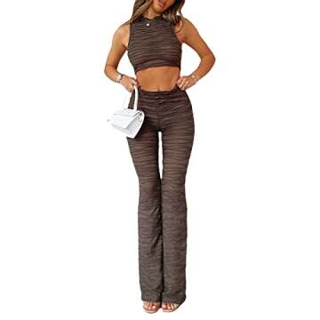KMBANGI Women Y2K 2 Piece Outfits Sleeveless Slim Fit Tank Top Shirt High Waist Flare Pants Casual Sexy Suit Sets(A-Brown,S)