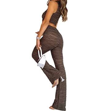 KMBANGI Women Y2K 2 Piece Outfits Sleeveless Slim Fit Tank Top Shirt High Waist Flare Pants Casual Sexy Suit Sets(A-Brown,S)