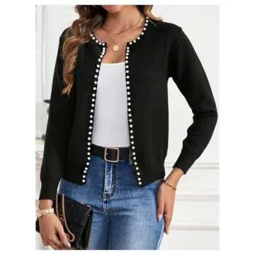GORGLITTER Women's Pearl Beaded Open Front Cardigan Sweaters Long Sleeve Knit Cardigans Black X-Large