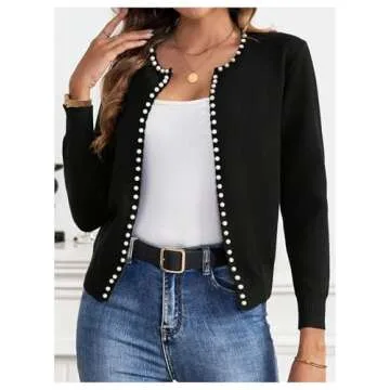 GORGLITTER Women's Pearl Beaded Open Front Cardigan Sweaters Long Sleeve Knit Cardigans Black X-Large