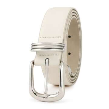 RISANTRY Women's Leather Belts with Sliver Buckle Fashion White Leather Waist Belt Elegant Ladies Be...