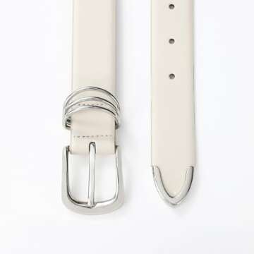 RISANTRY Women's Leather Belts with Sliver Buckle Fashion White Leather Waist Belt Elegant Ladies Belts for Jeans Dress & Casual Wear
