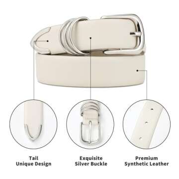 RISANTRY Women's Leather Belts with Sliver Buckle Fashion White Leather Waist Belt Elegant Ladies Belts for Jeans Dress & Casual Wear
