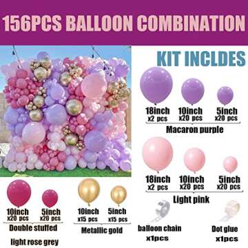 Orgnafey Pastel Pink Purple Balloon Garland Arch Kit Double Stuffed Dusty Hot Pink Metallic Gold 156Pcs Balloons For Bridal Valentine's Day Wedding Engagement Birthday Baby Shower Party Decorations