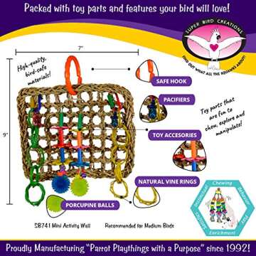 Super Bird Creations SB741 Seagrass Mini Activity Wall with Colorful Foraging Toys for Parrots, Medi...