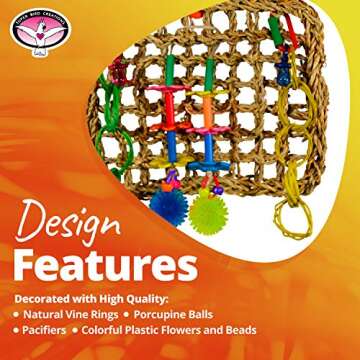 Super Bird Creations SB741 Seagrass Mini Activity Wall with Colorful Foraging Toys for Parrots, Medium Size, 9” x 7” x 2”