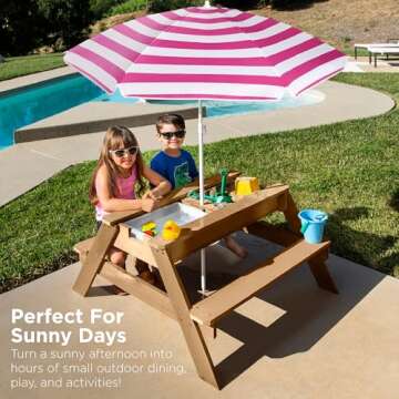 Best Choice Products Kids 3-in-1 Sand & Water Table, Wood Outdoor Convertible Picnic Table w/Umbrella, 2 Trays, Removable Top, 220lb Capacity Per Bench - Natural/Dark Pink