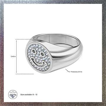 ICY FLARE - Iced Out Premium Gold Smiley Face Ring For Men- 316L Stainless Steel Funky Happy Face Smile Statement Ring with 3A Cubic Zirconia, 14K Gold Plated Large Smiley Face Iced Ring (Silver, 6)