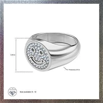 ICY FLARE - Iced Out Premium Gold Smiley Face Ring For Men- 316L Stainless Steel Funky Happy Face Smile Statement Ring with 3A Cubic Zirconia, 14K Gold Plated Large Smiley Face Iced Ring (Silver, 6)