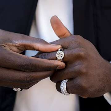 ICY FLARE - Iced Out Premium Gold Smiley Face Ring For Men- 316L Stainless Steel Funky Happy Face Smile Statement Ring with 3A Cubic Zirconia, 14K Gold Plated Large Smiley Face Iced Ring (Silver, 6)