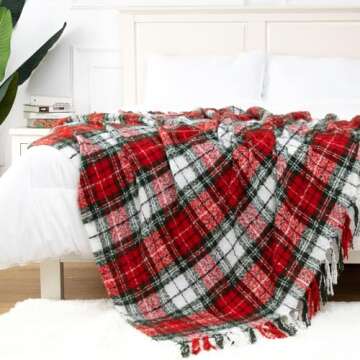 LALIFIT Plaid Throw Blanket with Fringes Green Red Christmas Home Decor Blankets Super Soft Cashmere...