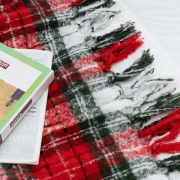 LALIFIT Plaid Throw Blanket with Fringes Green Red Christmas Home Decor Blankets Super Soft Cashmere Blanket for Couch Sofa Farmhouse Halloween etc 50" x 60" Inches(Xmas)