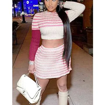 LAXiMU Women's 2 Piece Outfits Long Sleeve Splicing Leisure Stripe Suits Crop Top Bodycon Sweater Mi...