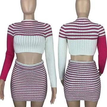 LAXiMU Women's 2 Piece Outfits Long Sleeve Splicing Leisure Stripe Suits Crop Top Bodycon Sweater Mini Skirt Set