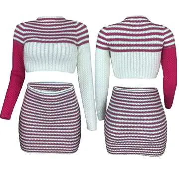LAXiMU Women's 2 Piece Outfits Long Sleeve Splicing Leisure Stripe Suits Crop Top Bodycon Sweater Mini Skirt Set