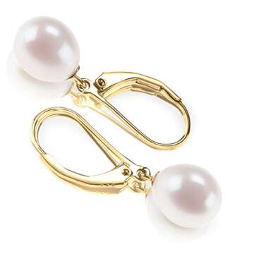 PAVOI 14K Yellow Gold Plated Freshwater Cultured Pearl Earrings Leverback Dangle Studs - Handpicked AAA Quality 8mm