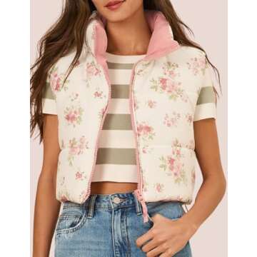 InterNos Womens Cropped Floral Print Puffer Vest Lightweight Stand Collar Zip Up Sleeveless Winter Padded Coats (0968-Pink-M)
