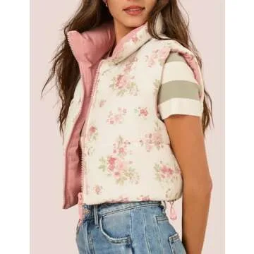 InterNos Womens Cropped Floral Print Puffer Vest Lightweight Stand Collar Zip Up Sleeveless Winter Padded Coats (0968-Pink-M)