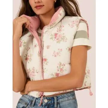 InterNos Womens Cropped Floral Print Puffer Vest Lightweight Stand Collar Zip Up Sleeveless Winter Padded Coats (0968-Pink-M)
