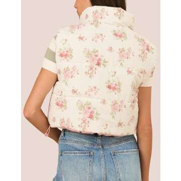 InterNos Womens Cropped Floral Print Puffer Vest Lightweight Stand Collar Zip Up Sleeveless Winter Padded Coats (0968-Pink-M)