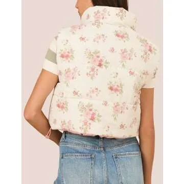 InterNos Womens Cropped Floral Print Puffer Vest Lightweight Stand Collar Zip Up Sleeveless Winter Padded Coats (0968-Pink-M)