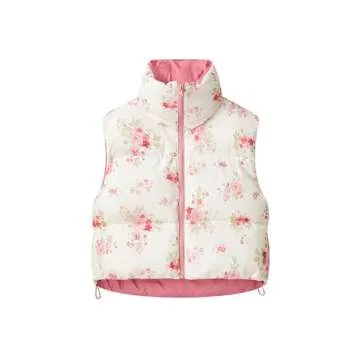 InterNos Womens Cropped Floral Print Puffer Vest Lightweight Stand Collar Zip Up Sleeveless Winter Padded Coats (0968-Pink-M)