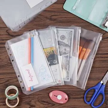 HAUTOCO 12PCS A6 Size Binder Pockets with Label Pocket, PVC Cash Envelopes for Budgeting, Clear 6-Holes Zipper Budget Envelopes for Cash Saving, Waterproof Binder Pouches for A6 6-Ring Notebook Binder