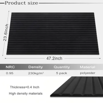 JVJVJ 5 Pack Acoustic Panels, 48" X 24" X 0.4" Decorative Sound Proof Felt Panels, Self-Adhesive Sound proof panels for walls, Creative Slotting Design. (Black)