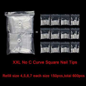 XXL No C Curve Nail Tips, SWETIDY 600Pcs Refill Size 4,5,6,7 Clear Acrylic Nails Square Shape Nail H...