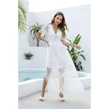 MERMAID'S CLOSET Womens V Neck Embroidered Lace Maxi Dress Boho White Slit Wedding Guest Bridesmaid Party Dresses