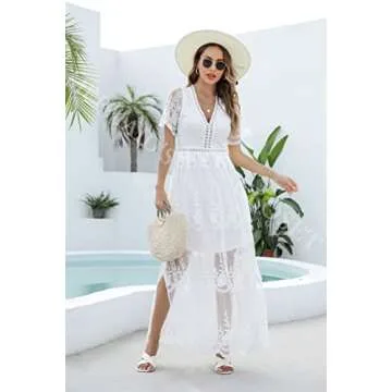 MERMAID'S CLOSET Womens V Neck Embroidered Lace Maxi Dress Boho White Slit Wedding Guest Bridesmaid Party Dresses