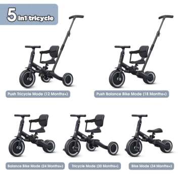newyoo Toddler Bike - Convertible 5-in-1 Tricycle with Push Handle for 1-3 Year Olds