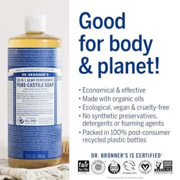 Dr. Bronner's - Pure-Castile Liquid Soap (Peppermint, 25 ounce) - Made with Organic Oils, 18-in-1 Uses: Face, Body, Hair, Laundry, Pets and Dishes, Concentrated, Vegan, Non-GMO (2-Pack)