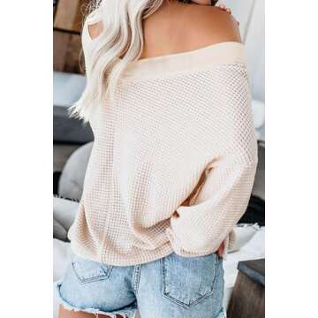 Stylish ReachMe Women’s Off The Shoulder Waffle Knit Top - Beige (Large)