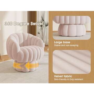 Mistpople Mid Century Modern 360 Degree Barrel Swivel Accent Sofa Chair,Fluffy Velvet Fabric Lounge Wide Upholstered Pumpkin Reading Chair, Round Cloud Armchair for Living Room,Bedroom,Vanity(Pink)