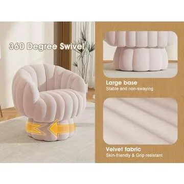 Mistpople Mid Century Modern 360 Degree Barrel Swivel Accent Sofa Chair,Fluffy Velvet Fabric Lounge Wide Upholstered Pumpkin Reading Chair, Round Cloud Armchair for Living Room,Bedroom,Vanity(Pink)