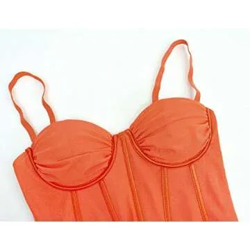 Joukavor Women's Sexy Ruched Mesh Bodycon Cami Dress Spaghetti Strap Mini Pencil Dress (Orange, Medium)