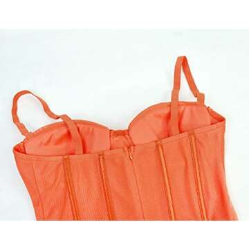 Joukavor Women's Sexy Ruched Mesh Bodycon Cami Dress Spaghetti Strap Mini Pencil Dress (Orange, Medium)