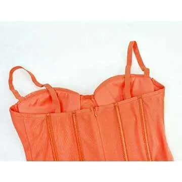 Joukavor Women's Sexy Ruched Mesh Bodycon Cami Dress Spaghetti Strap Mini Pencil Dress (Orange, Medium)