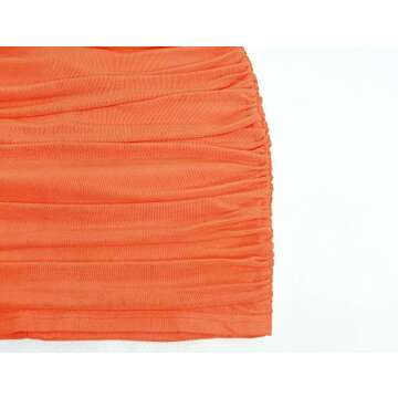Joukavor Women's Sexy Ruched Mesh Bodycon Cami Dress Spaghetti Strap Mini Pencil Dress (Orange, Medium)