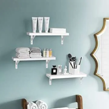 AIKTOTA Floating Shelves for Wall, White Shelf with Metal Bracket, Modern Wall Mounted Shelves for Bathroom, Living Room, Bedroom, Kitchen, Office Storage Shelves for Decor, Set of 3