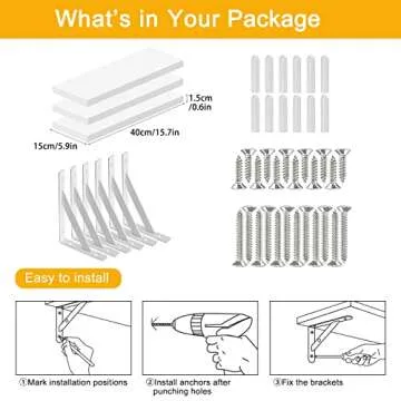 AIKTOTA Floating Shelves for Wall, White Shelf with Metal Bracket, Modern Wall Mounted Shelves for Bathroom, Living Room, Bedroom, Kitchen, Office Storage Shelves for Decor, Set of 3