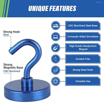 Neosmuk Magnetic Hooks Heavy Duty,Strong Magnet with Hook for Fridge, Super Neodymium Extra Strength Industrial Hooks for Hanging, Magnetic Hanger for Toolbox, Cruise, Grill(Navyblue,6 Pack)