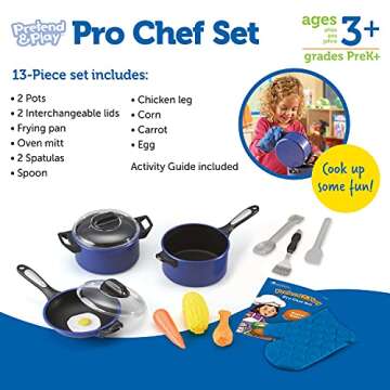 Learning Resources Pretend & Play Pro Chef Set, Kitchen Toys for Kids, Pretend Kitchen, Pots and Pans for Kids, 13 Pieces, Ages 3+