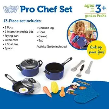 Learning Resources Pretend & Play Pro Chef Set, Kitchen Toys for Kids, Pretend Kitchen, Pots and Pans for Kids, 13 Pieces, Ages 3+