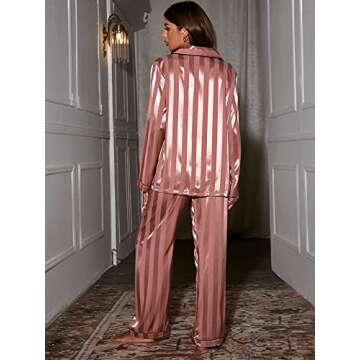 MakeMeChic Women's 2 Piece PJ Set Striped Long Sleeve Top and Pants Pajama Set Dusty Pink M