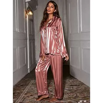 MakeMeChic Women's 2 Piece PJ Set Striped Long Sleeve Top and Pants Pajama Set Dusty Pink M