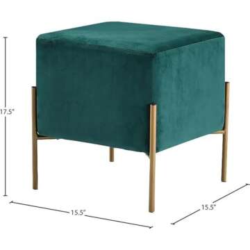 Meridian Furniture Isla Collection Modern | Contemporary Velvet Upholstered Ottoman/Stool with Sturdy Stainless Steel Legs in Gold Finish, 15.5" W x 15.5" D x 17.5" H, Green