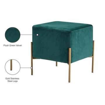 Meridian Furniture Isla Collection Modern | Contemporary Velvet Upholstered Ottoman/Stool with Sturdy Stainless Steel Legs in Gold Finish, 15.5" W x 15.5" D x 17.5" H, Green